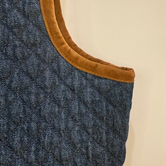 Vintage Quilted Denim Style Vest Petite Medium Blue Brown Velvet Trim - Picture 6 of 11